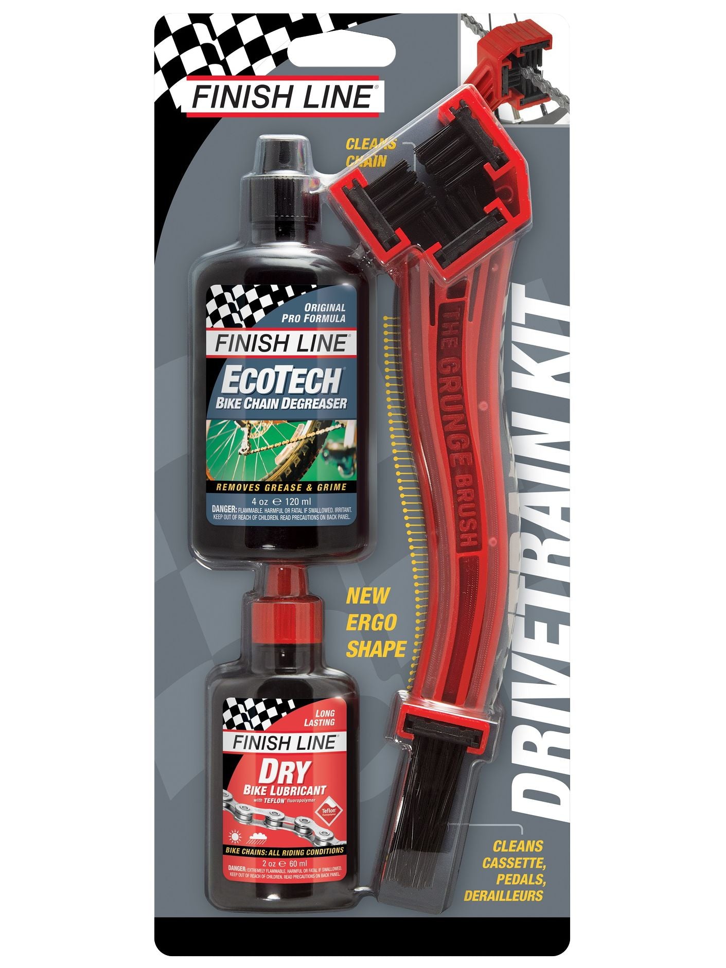 Finish Line Starter Kit 1-2-3 Includes Grunge Brush 4oz DRY Chain Lubricant 4oz EcoTech Degreaser