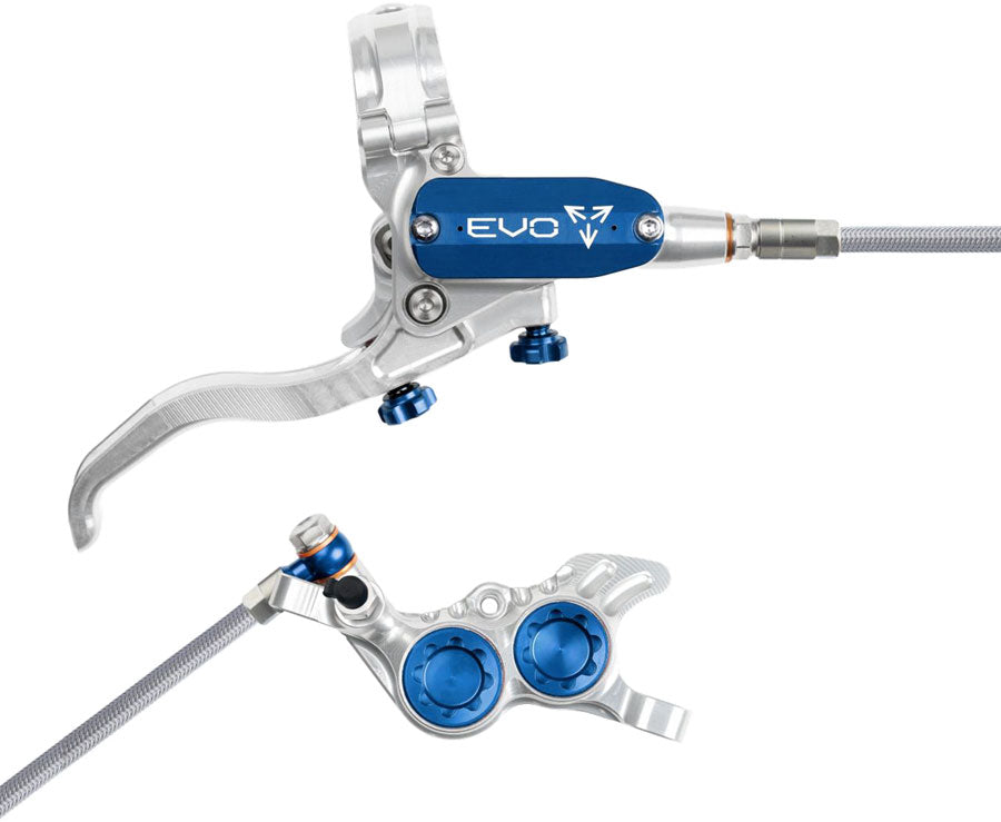 Hope EVO GR4 Disc Brake Lever Set - Right Hand Post Mount 4-Piston Braided Hydraulic Hose Silver/Blue