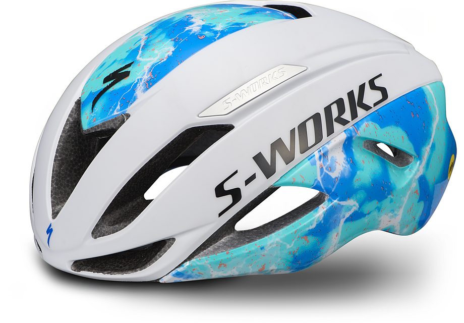 Specialized S-Works evade ii angi mips helmet matte dove grey/gloss cobalt blue/lagoon blue/vivid coral s