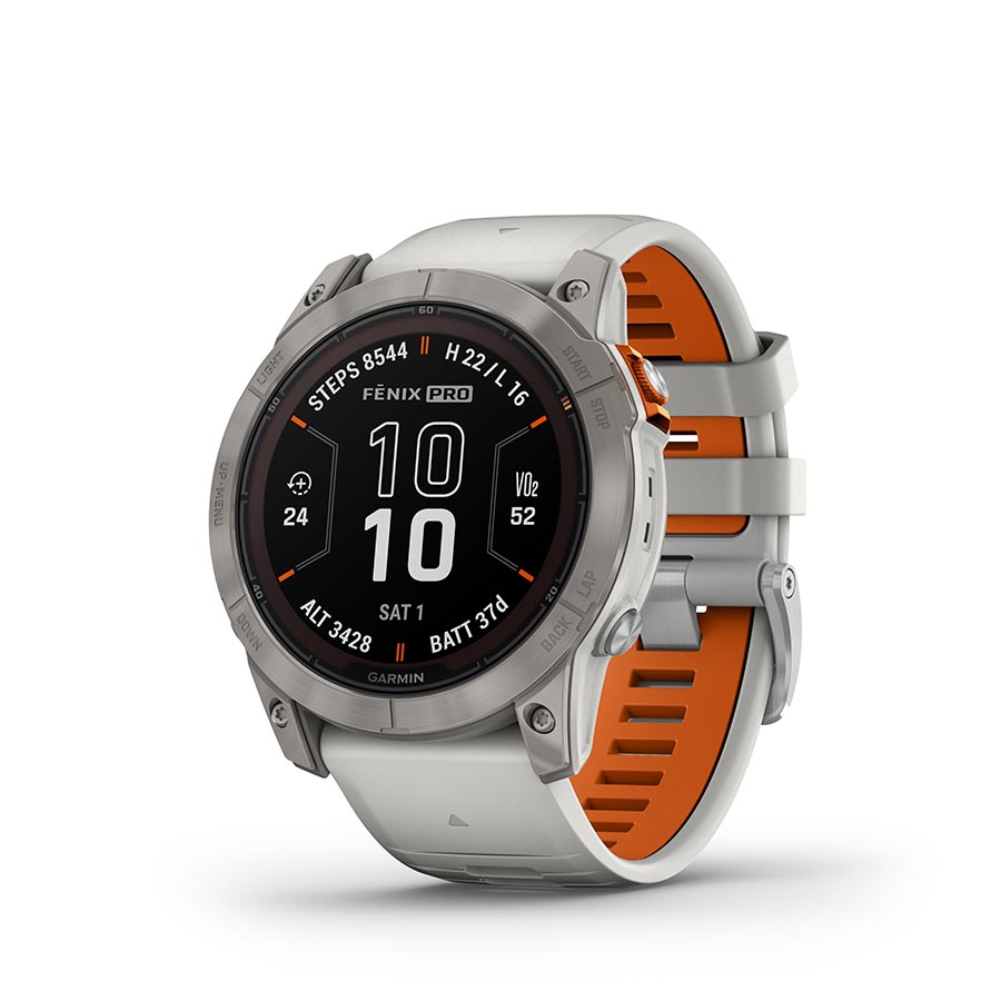 Garmin fenix 7X Pro Sapphire Solar Watch Watch Color: Titanium Wristband: Fog Grey/ Ember Orange - Silicone