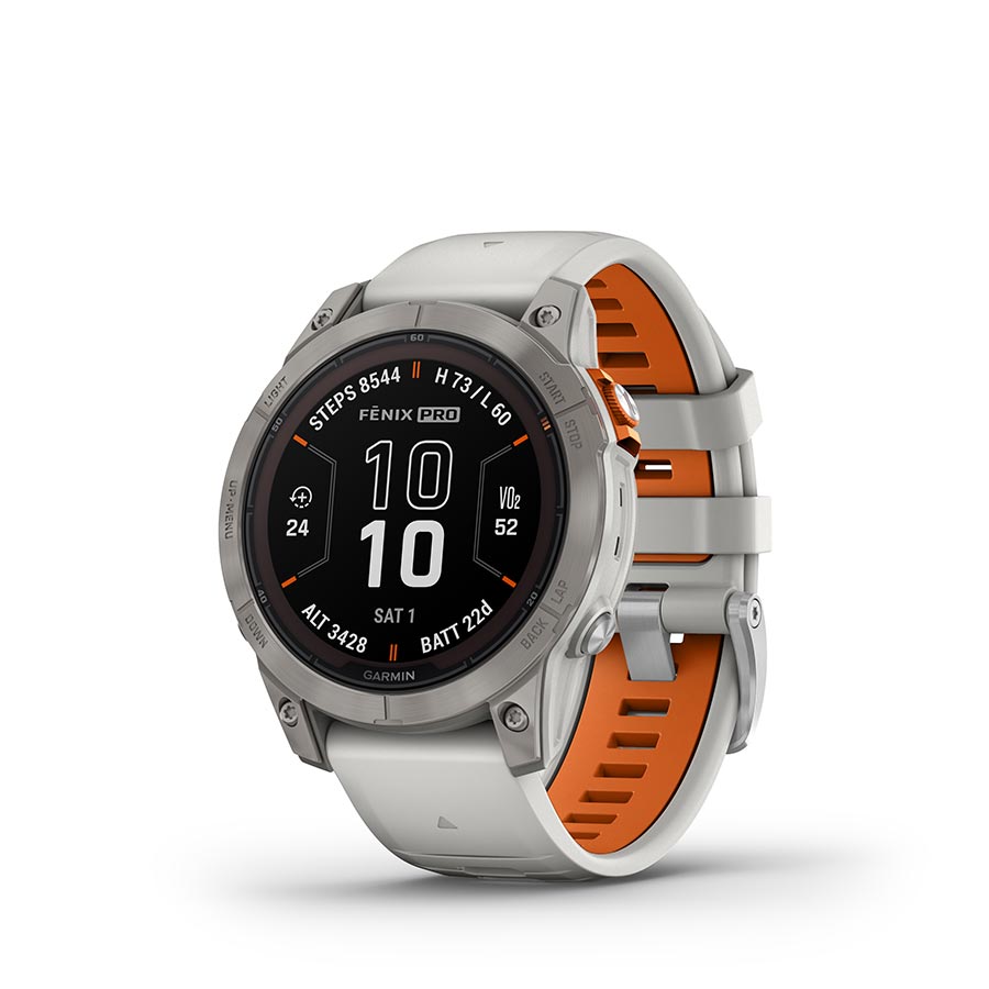 Garmin fenix 7 Pro Sapphire Solar Watch Watch Color: Titanium Wristband: Fog Grey/ Ember Orange - Silicone