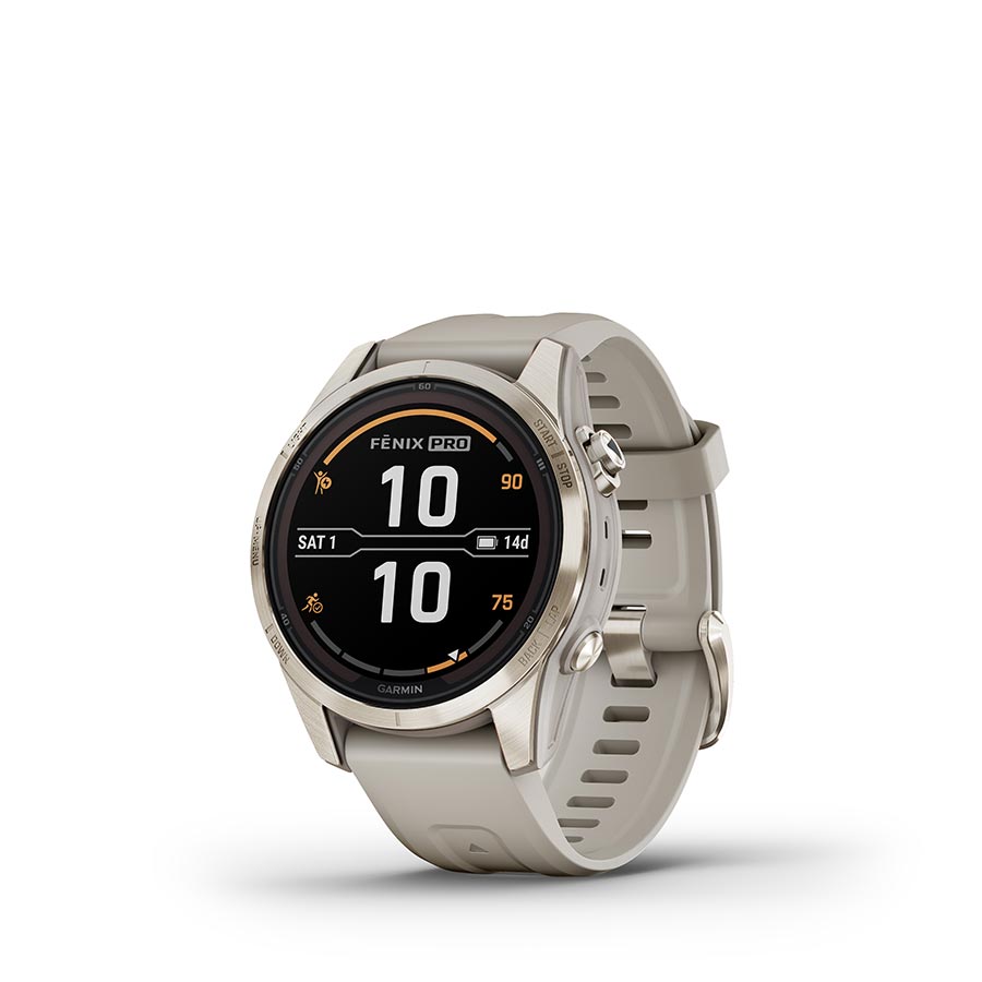 Garmin fenix 7S Pro Sapphire Solar Watch Watch Color: Soft Gold Wristband: Light Sand - Silicone
