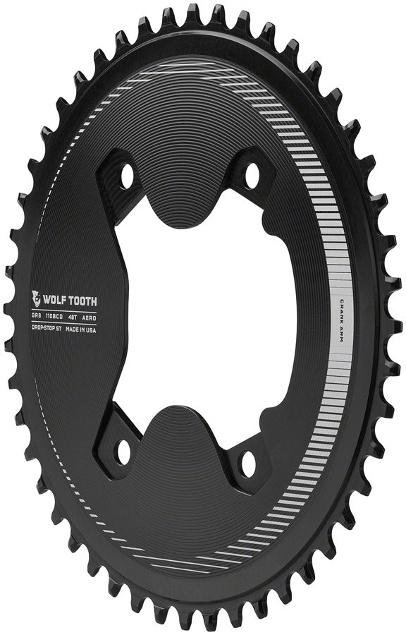 Wolf Tooth Aero 110 Asymmetric BCD Chainring - 46t 110 Asymmetric BCD 4-Bolt Drop-Stop ST For Shimano GRX Cranks BLK