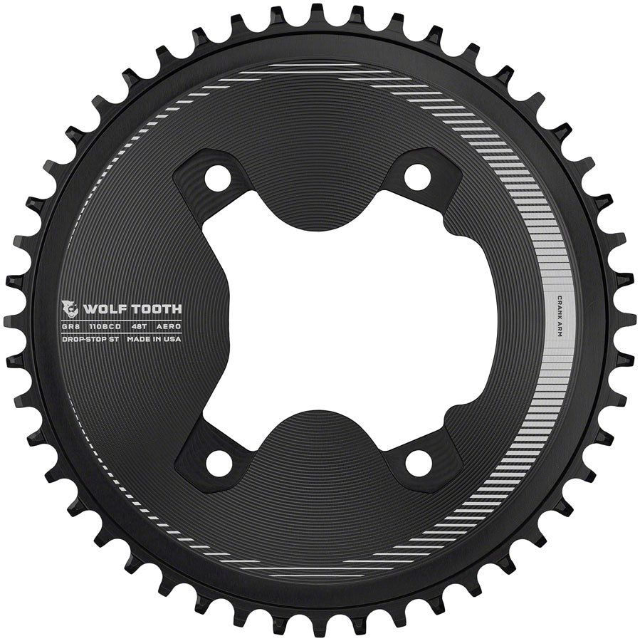 Wolf Tooth Aero 110 Asymmetric BCD Chainring - 48t 110 Asymmetric BCD 4-Bolt Drop-Stop ST For Shimano GRX Cranks BLK