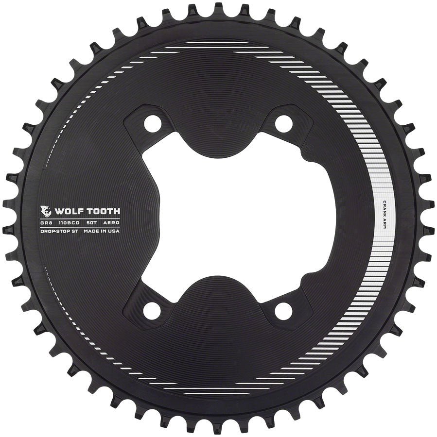 Wolf Tooth Aero 110 Asymmetric BCD Chainring - 50t 110 Asymmetric BCD 4-Bolt Drop-Stop ST For Shimano GRX Cranks BLK