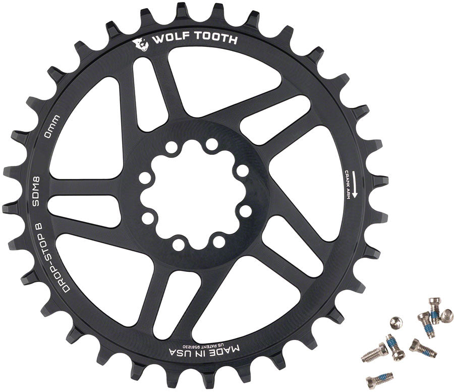 Wolf Tooth Direct Mount Chainring - 34t SRAM Direct Mount Drop-Stop B For SRAM 8-Bolt Cranksets 0mm Offset BLK