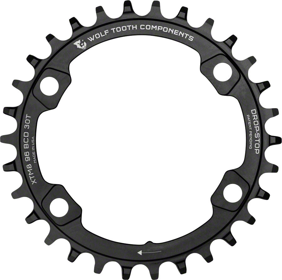 Wolf Tooth 96 BCD Chainring - 30t 96 Asymmetric BCD 4-Bolt Drop-Stop For Shimano XT M8000 SLX M7000 Cranks BLK