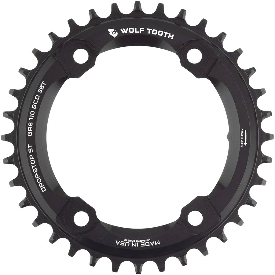 Wolf Tooth Shimano 110 Asymmetric BCD Chainring - 36t 110 Asymmetric BCD 4-Bolt Drop-Stop ST For Shimano GRX Cranks BLK