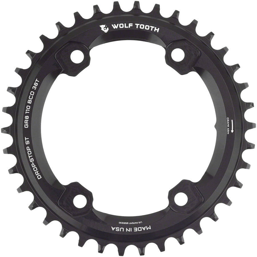 Wolf Tooth Shimano 110 Asymmetric BCD Chainring - 38t 110 Asymmetric BCD 4-Bolt Drop-Stop ST For Shimano GRX Cranks BLK