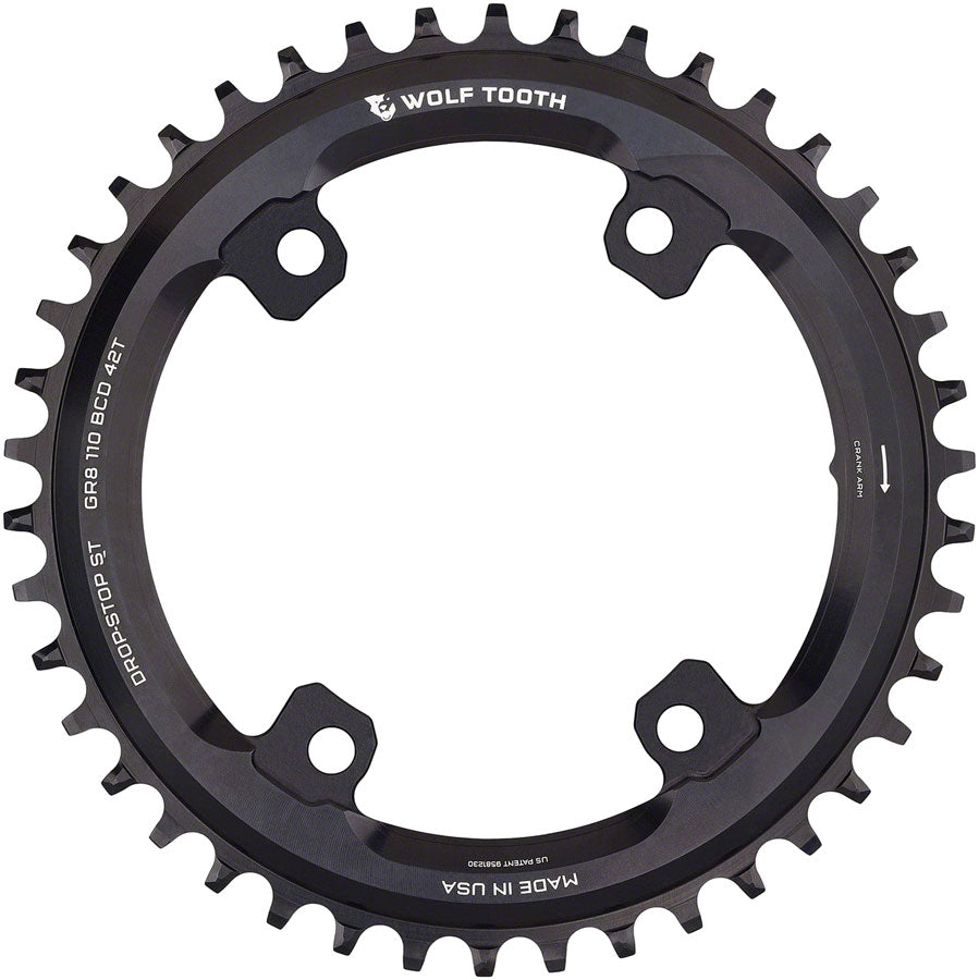 Wolf Tooth Shimano 110 Asymmetric BCD Chainring - 42t 110 Asymmetric BCD 4-Bolt Drop-Stop ST For Shimano GRX Cranks BLK