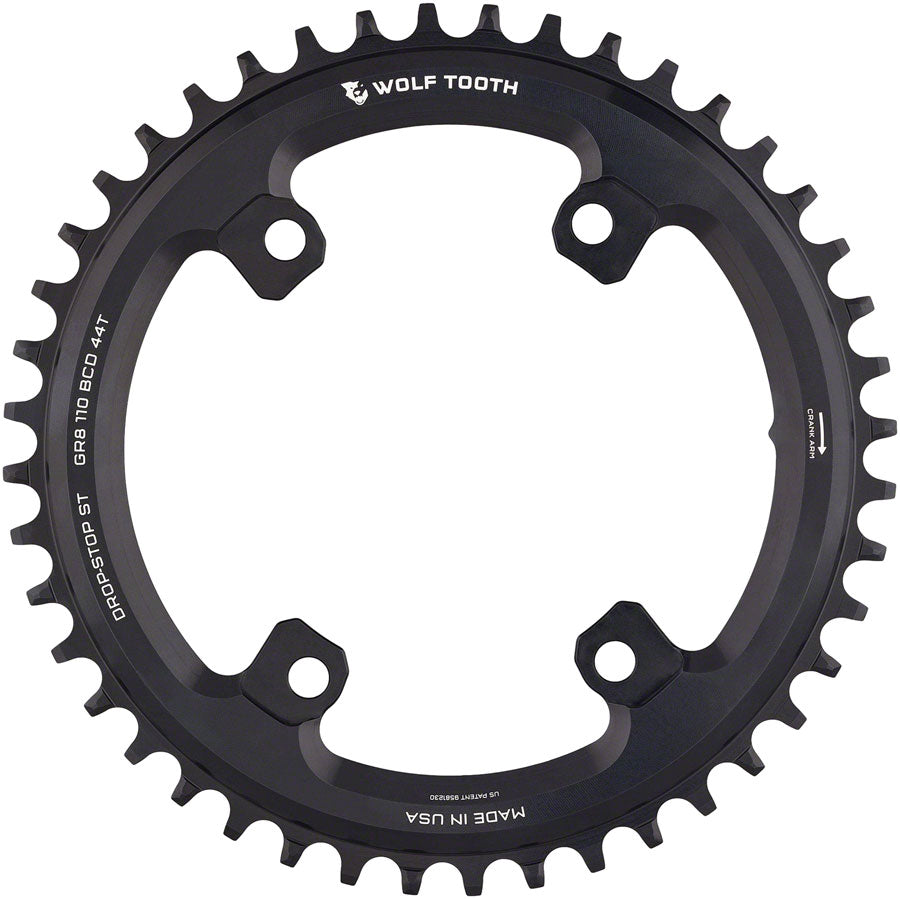 Wolf Tooth Shimano 110 Asymmetric BCD Chainring - 44t 110 Asymmetric BCD 4-Bolt Drop-Stop ST For Shimano GRX Cranks BLK